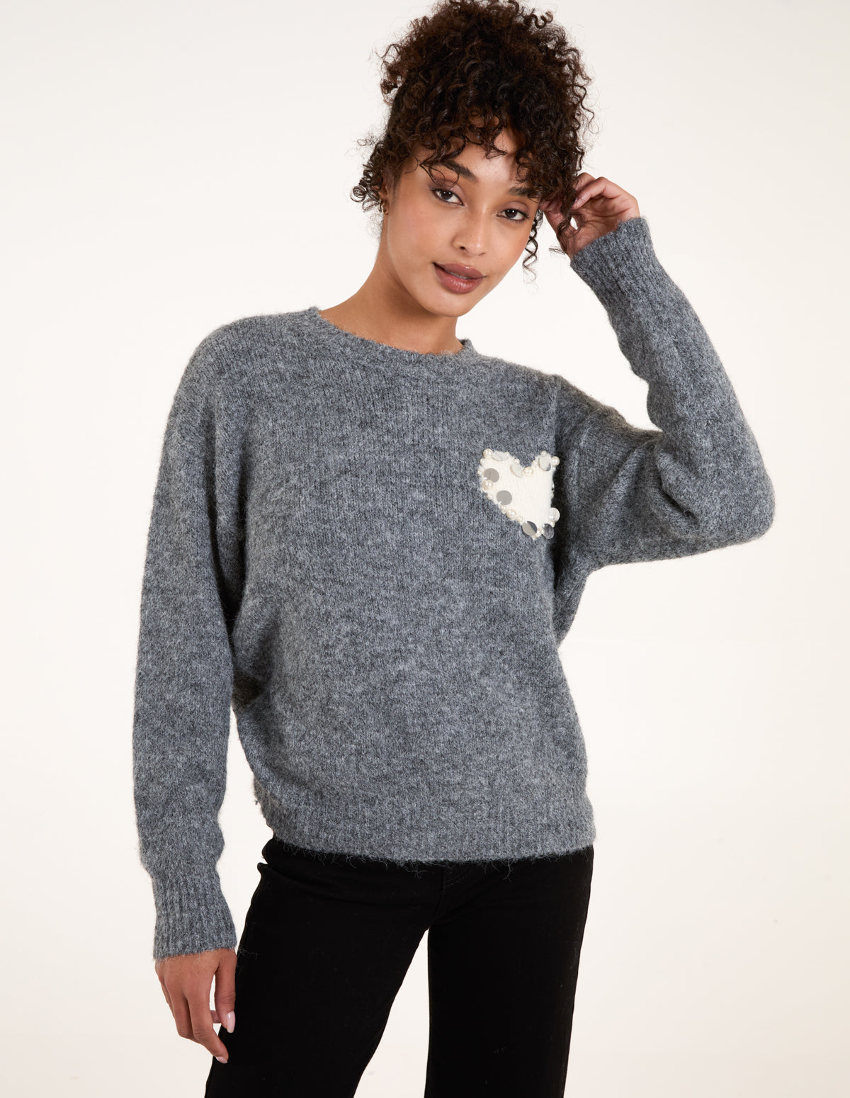Embellished Heart Knit Jumper - S/M / Dark Grey