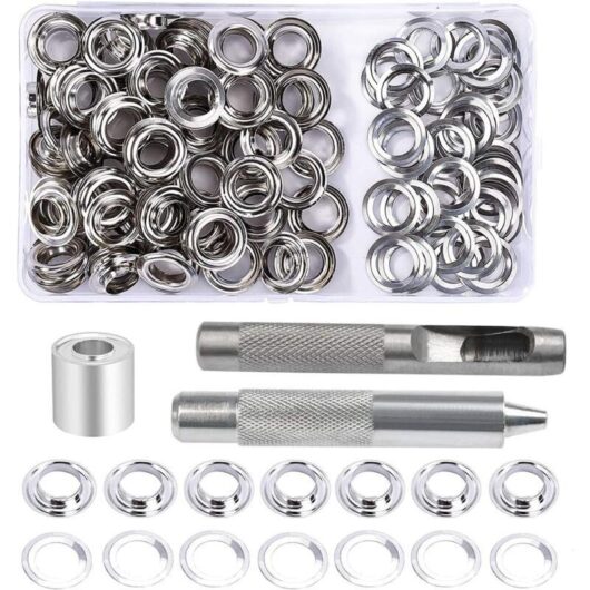 Eyelet Set, 100 Pieces 10mm Eyelets, Tarpaulin Repair Kit with 3 Pieces Eyelet Tools for Tarpaulins, Fabrics, Tents and Sewing (203 Pieces)