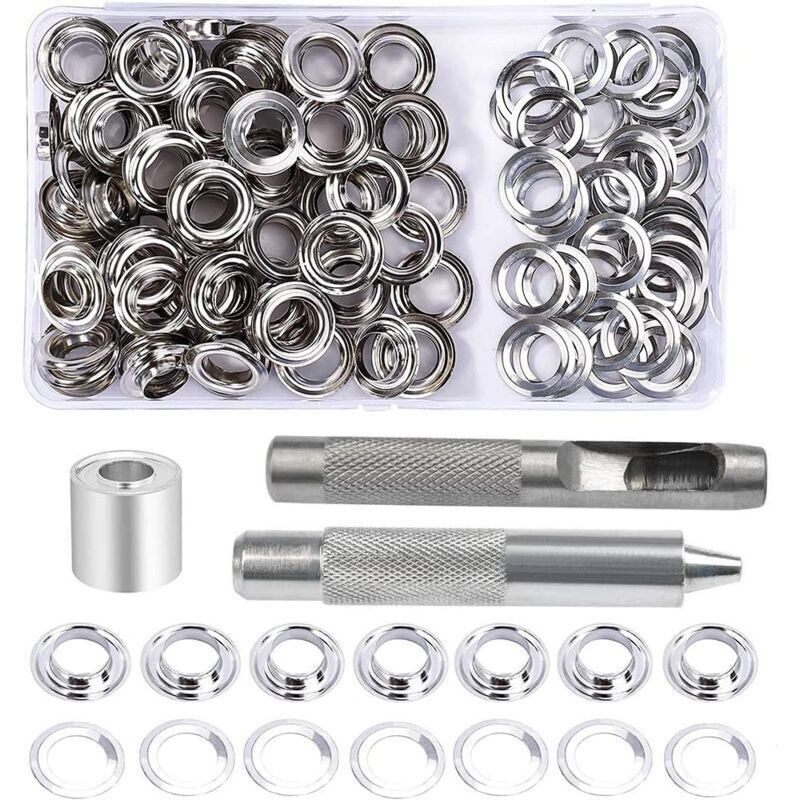 Eyelet Set, 100 Pieces 10mm Eyelets, Tarpaulin Repair Kit with 3 Pieces Eyelet Tools for Tarpaulins, Fabrics, Tents and Sewing (203 Pieces)