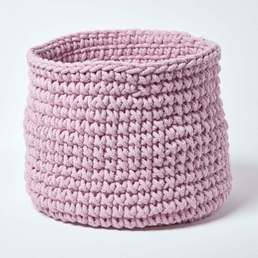 HOMESCAPES Pastel Pink Cotton Knitted Round Storage Basket, 42 x 37 cm