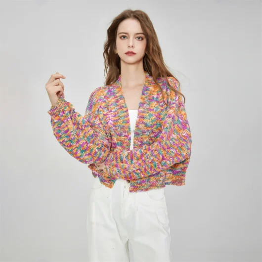 High-End Casual Women's Multi-Color Acrylic Knitted Cardigan Shawl Drop Shoulder Loose Long-Sleeved Knit Jacket Coat Unprinted