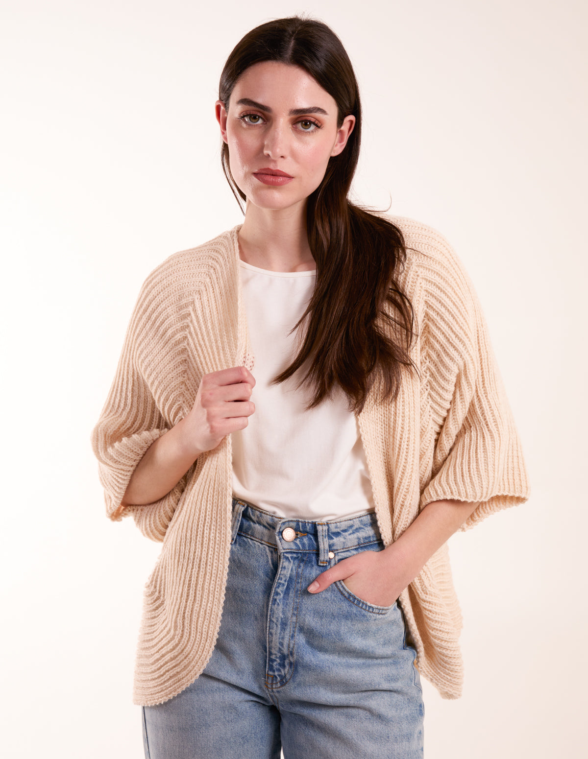 Knitted Mid Length Cardigan - ONE / BEIGE