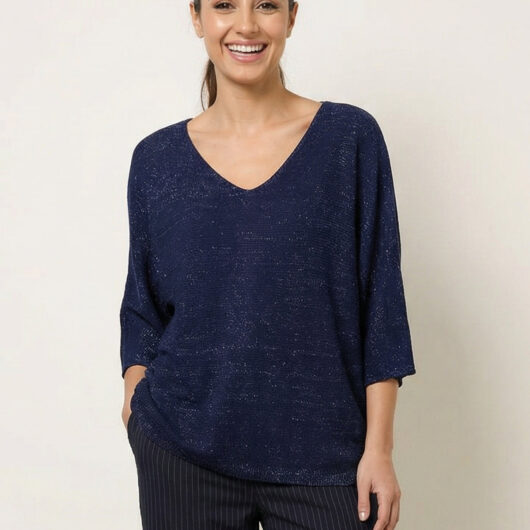 Metallic V Neck Knitted Ripple Jumper - ONE / NAVY