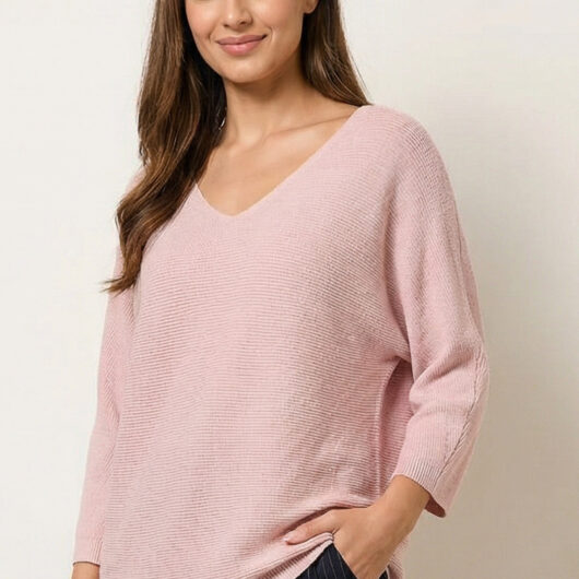 Metallic V Neck Knitted Ripple Jumper - ONE / PINK