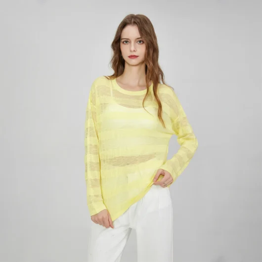 OEM Women's Casual Knitted Shirt Sweater Fine Knit Solid & Striped Translucent Tops Long Sleeves Neck Breathable Sunscreen Top