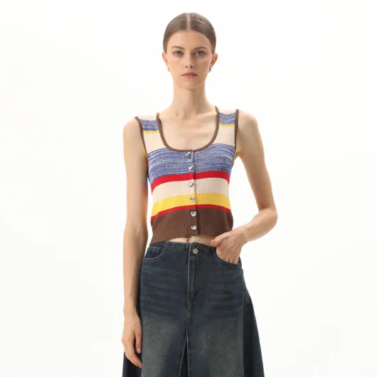 OEM Women's Casual Slimming Crochet Rainbow Striped Knitted Tank Top Short Sleeveless Breathable Fashionable Fitting Knit Vest