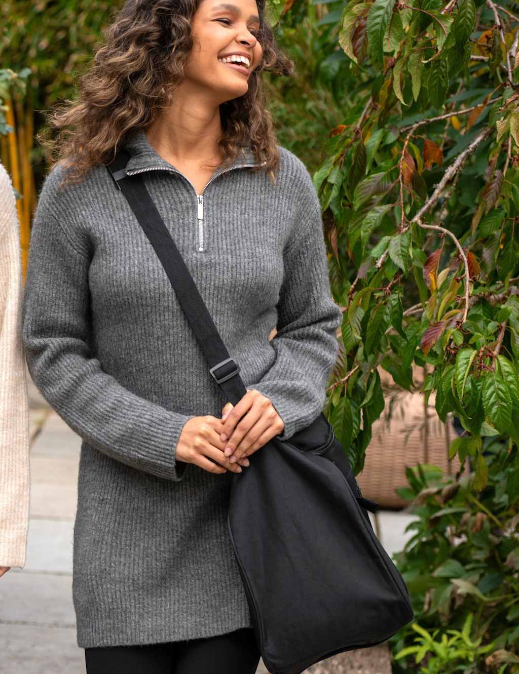 Pour Moi Cosy Ribbed Half-Zip Mini Knitted Dress Charcoal