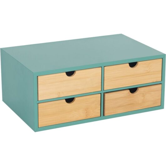 Relaxdays Desk Organiser, 4 drawers, office supplies, HxWxD: 14x33x21 cm, bamboo/MDF, mint/natural