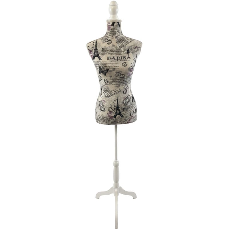 Relaxdays women's dress form, size 36/38, height-adjustable 130-167 cm, Paris print, wooden stand, colourful