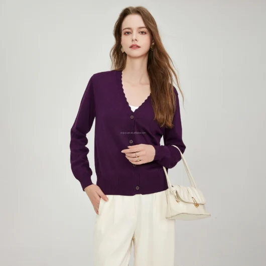 Women's Casual Long Sleeve V-Neck Button-Down Knitted Cardigan Hem Ribbed Tape Polyester Blend Knit Top Sweater