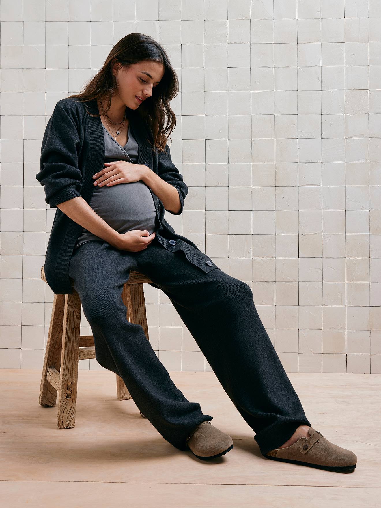 3-Piece Ensemble Sleeveless Top + Cardigan + Wide Leg Trousers for Maternity & Nursing anthracite