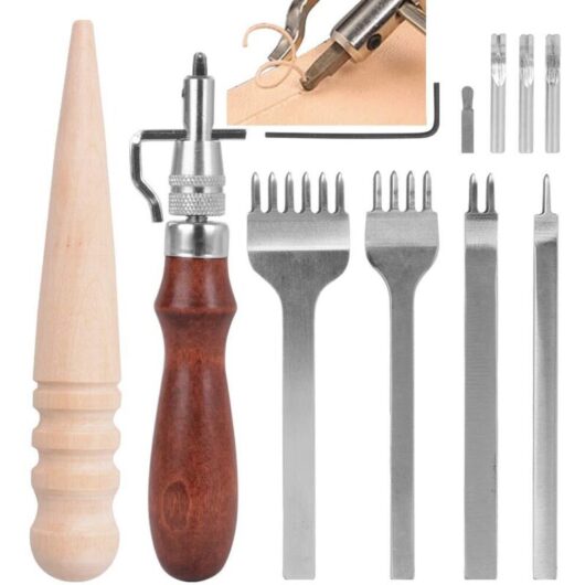 4-piece hole punch craft tools, leather sewing forks + 5-in-1 groover + wood leather brush