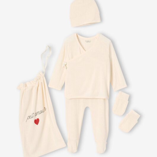 5-Piece Baby Gift Set: Bodysuit + Bottoms + Beanie + Mittens + ENVIE DE FRAISE Bag ecru