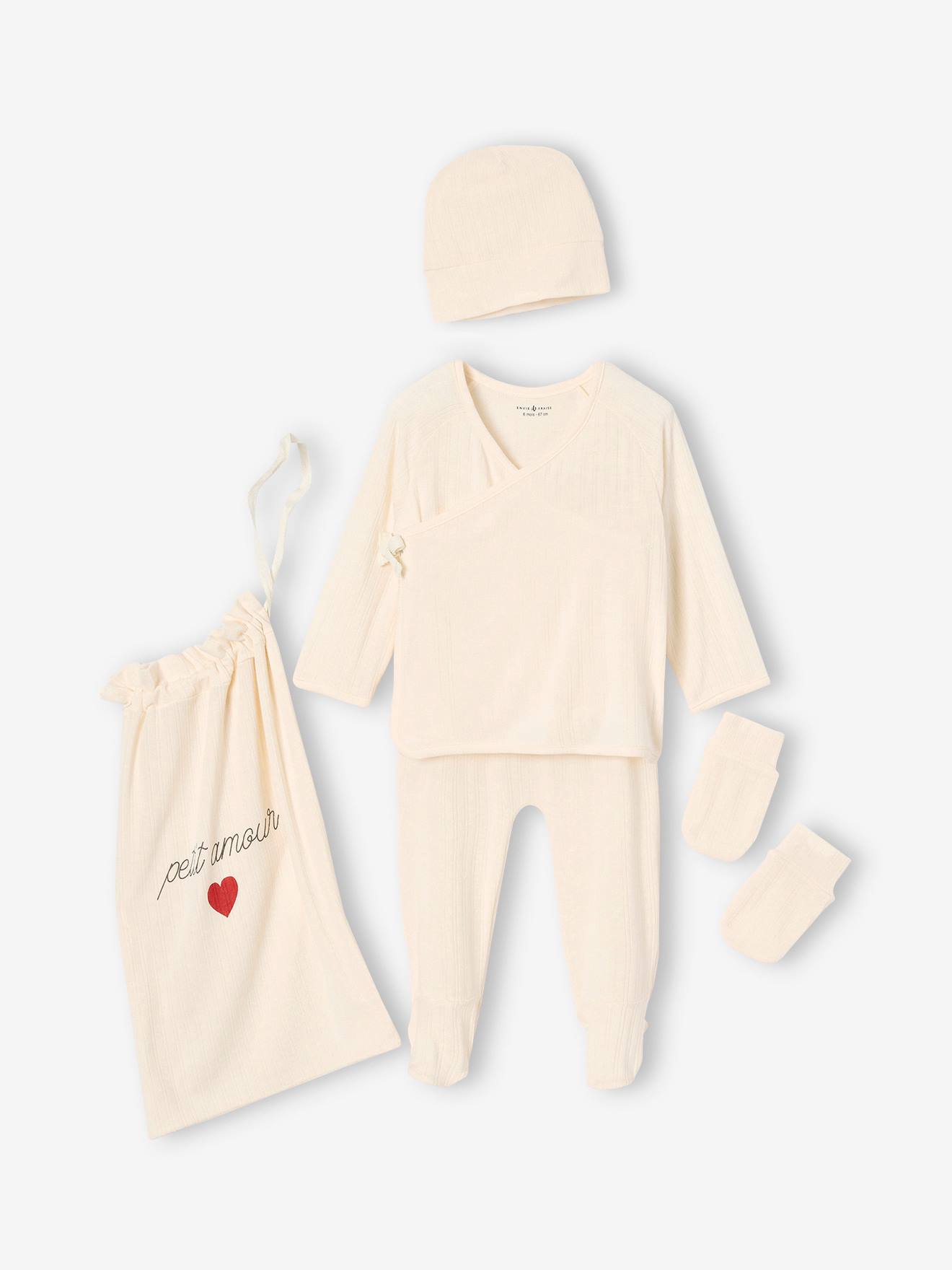 5-Piece Baby Gift Set: Bodysuit + Bottoms + Beanie + Mittens + ENVIE DE FRAISE Bag ecru