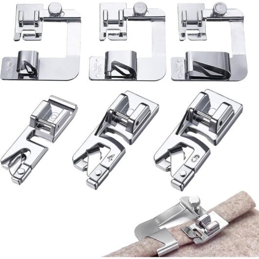 6-Piece Stainless Steel Rolled Hem Foot Set for Sewing Machines: 3 Wide Rolled Hem Feet (4/8", 6/8", 8/8") and 3 Narrow Rolled Hem Feet (3/4/6 mm)