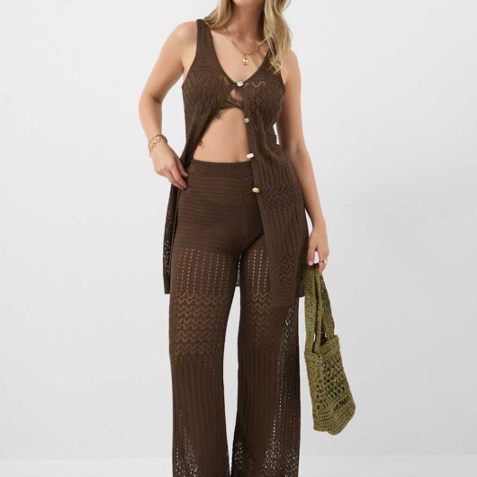 ACCESSORIZE Openstitch Button Front Knitted Top Brown