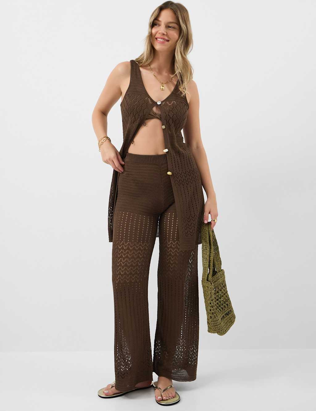 ACCESSORIZE Openstitch Button Front Knitted Top Brown