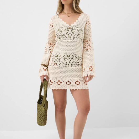 ACCESSORIZE Pure Cotton Knitted V-Neck Mini Beach Dress Natural
