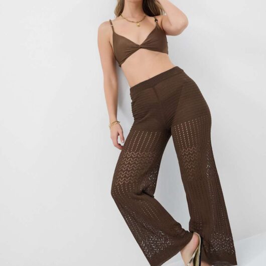 ACCESSORIZE Wide Leg Knitted Trousers Brown