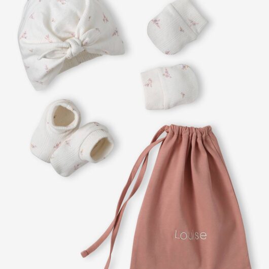 Beanie + Mittens + Pram Shoes + Pouch Set for Babies rose