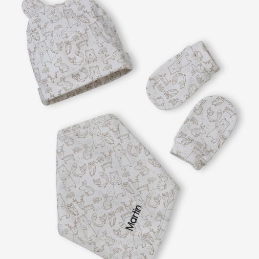 Beanie + Mittens + Scarf + Pouch in Printed Jersey Knit, for Babies taupe