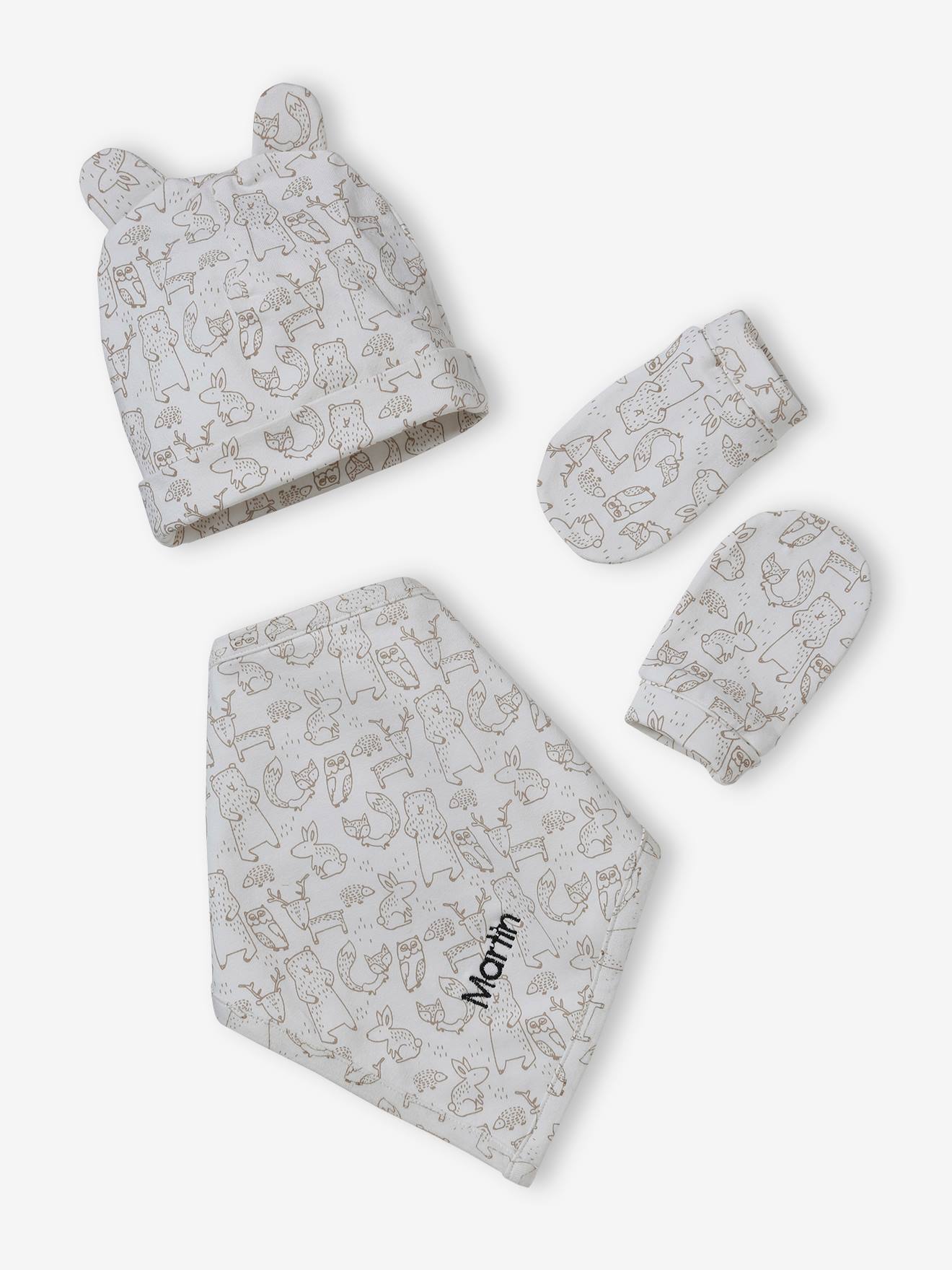 Beanie + Mittens + Scarf + Pouch in Printed Jersey Knit, for Babies taupe