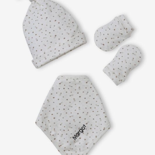 Beanie + Mittens + Scarf + Pouch in Printed Jersey Knit, for Baby Girls ecru