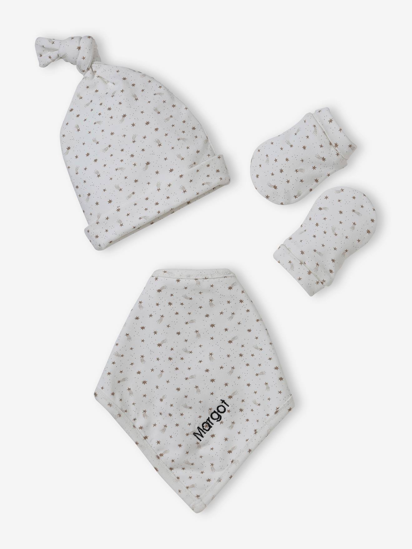 Beanie + Mittens + Scarf + Pouch in Printed Jersey Knit, for Baby Girls ecru