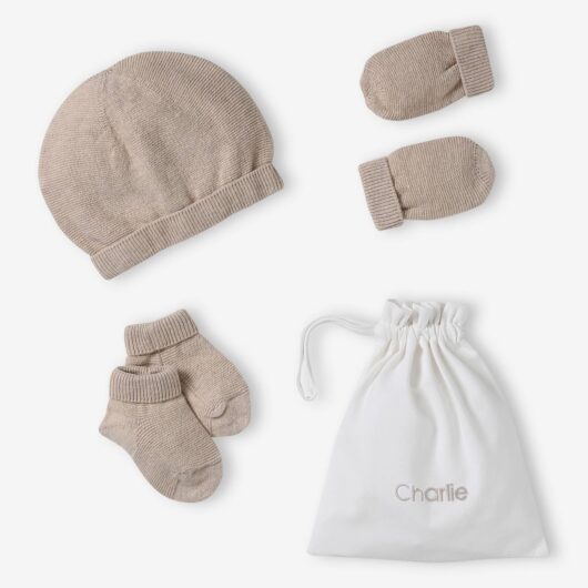 Beanie, Mittens & Booties + Pouch Set for Newborns marl beige
