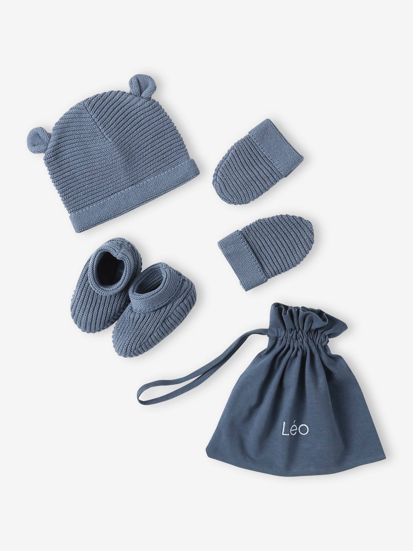Beanie, Mittens & Booties Set, Matching Pouch, for Newborn Babies denim blue