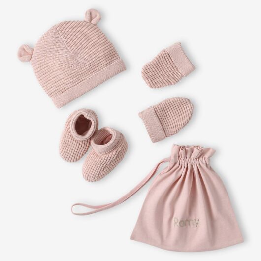 Beanie, Mittens & Booties Set, Matching Pouch, for Newborn Babies rosy