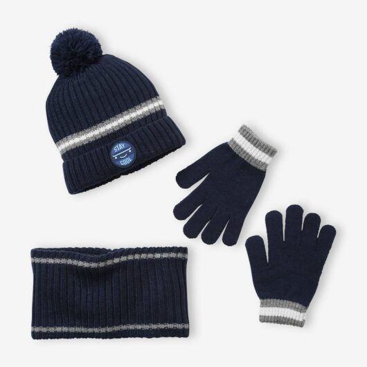 Beanie + Snood + Gloves Set in Rib Knit for Boys blue dark two color/multicol