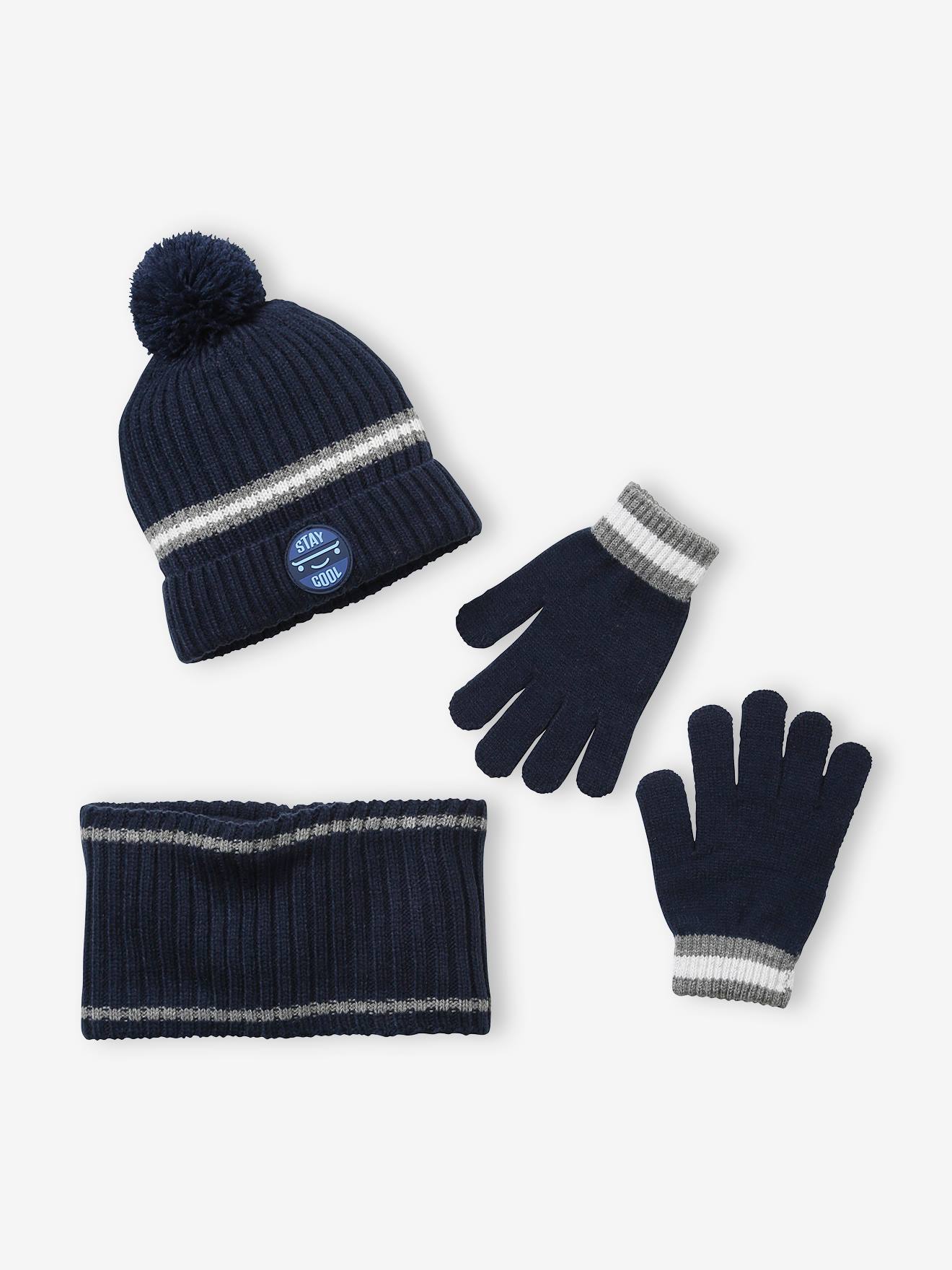 Beanie + Snood + Gloves Set in Rib Knit for Boys blue dark two color/multicol