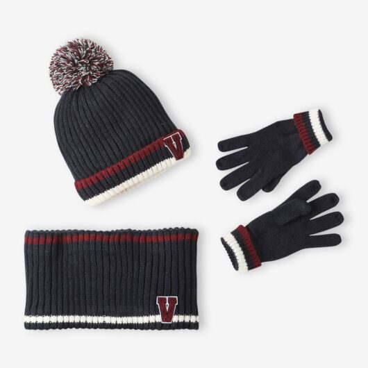 Beanie + Snood + Gloves Set in Rib Knit for Boys navy blue