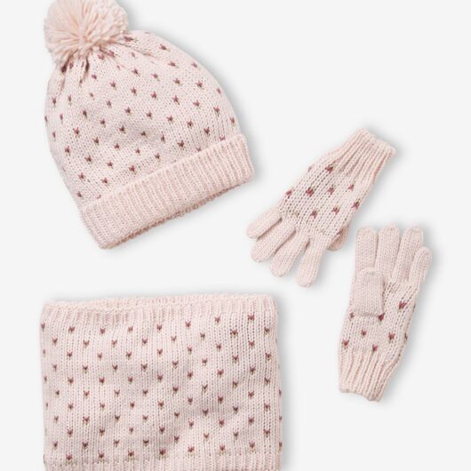 Beanie + Snood + Gloves with Hearts Set for Girls pink light solid with design
