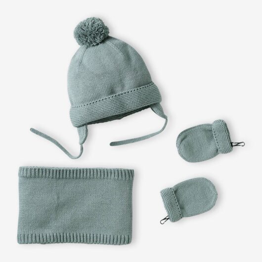 Beanie + Snood + Mittens Set for Baby Boys, Basics aqua green