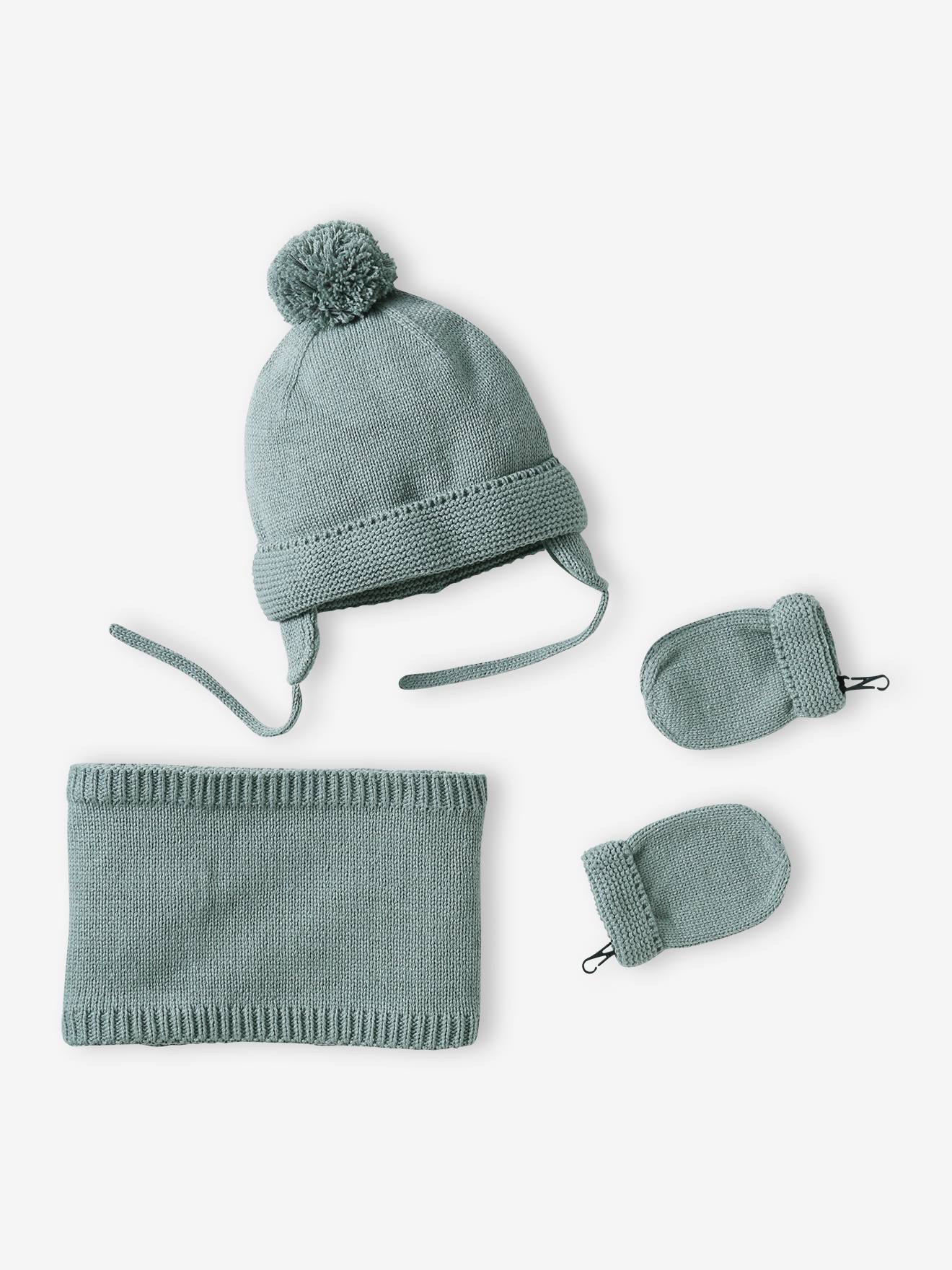 Beanie + Snood + Mittens Set for Baby Boys, Basics aqua green