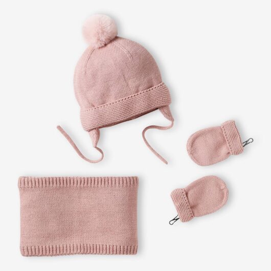 Beanie + Snood + Mittens Set for Baby Girls rosy