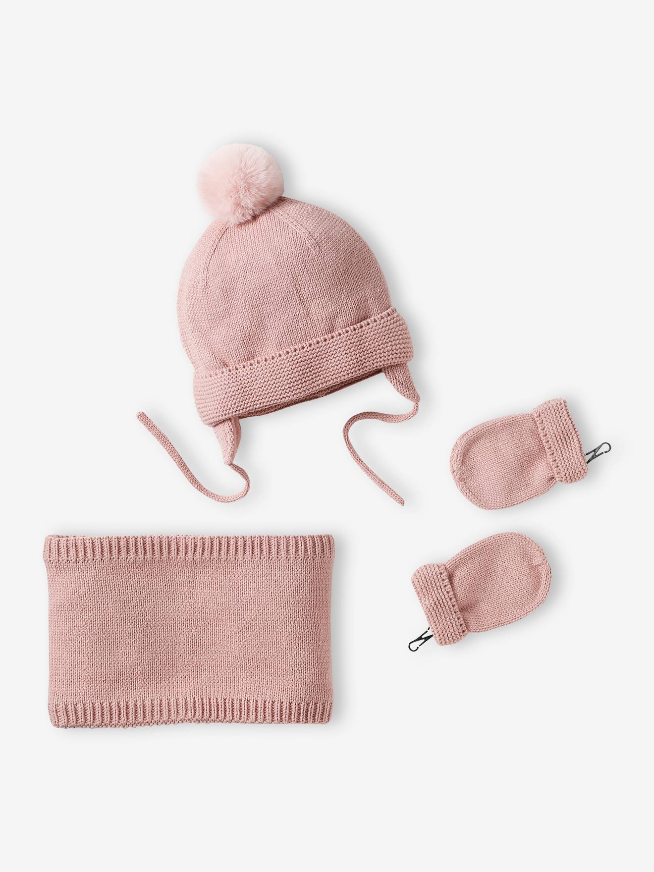Beanie + Snood + Mittens Set for Baby Girls rosy