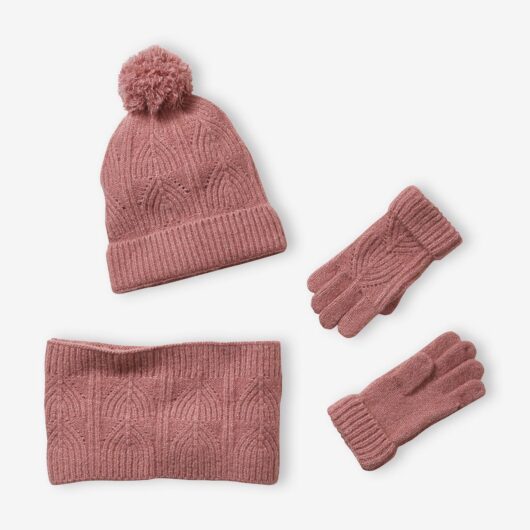Beanie + Snood + Mittens Set in Shimmering Cable-Knit pink medium solid