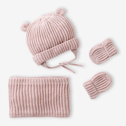Beanie, Snood & Mittens Set for Babies pale pink