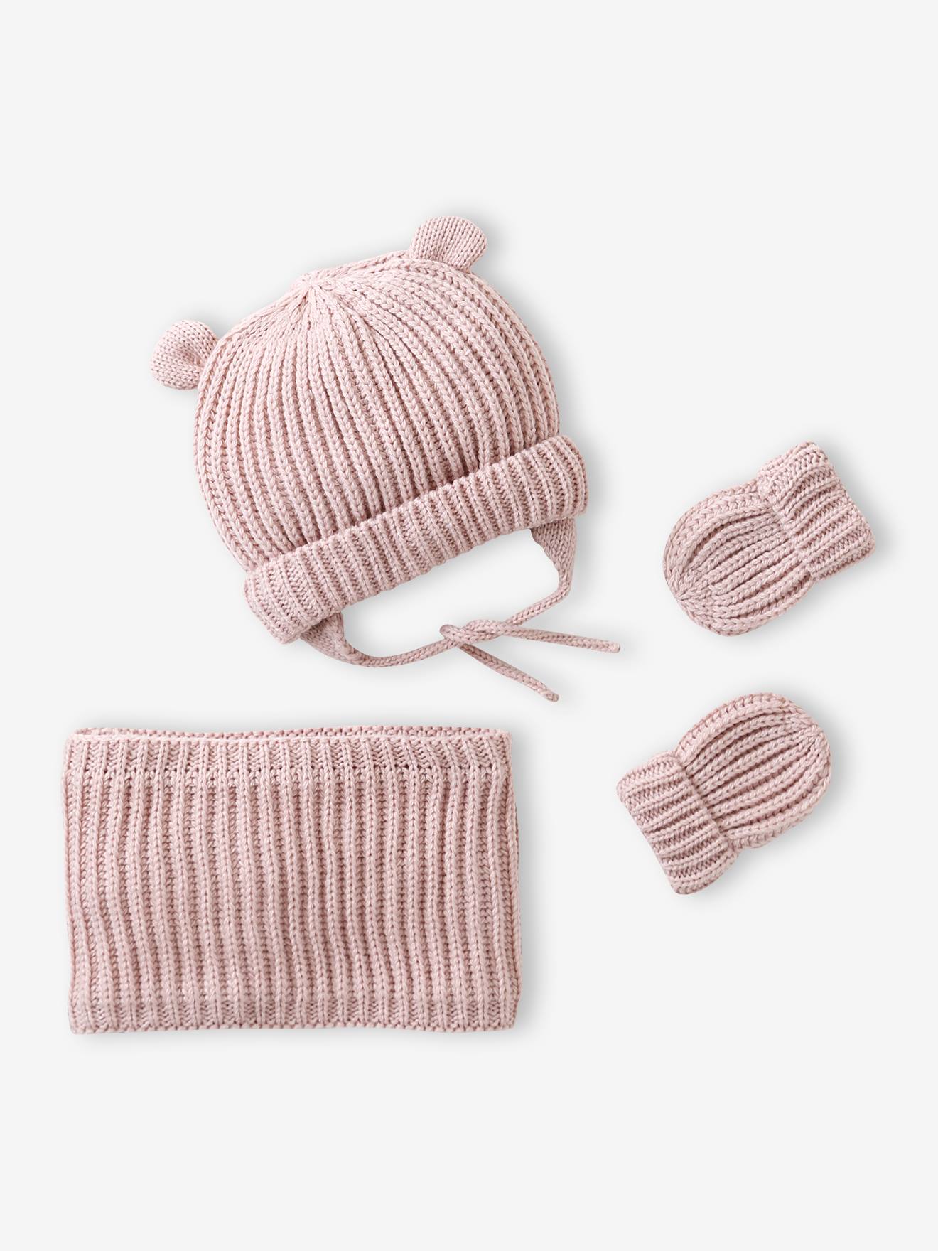 Beanie, Snood & Mittens Set for Babies pale pink