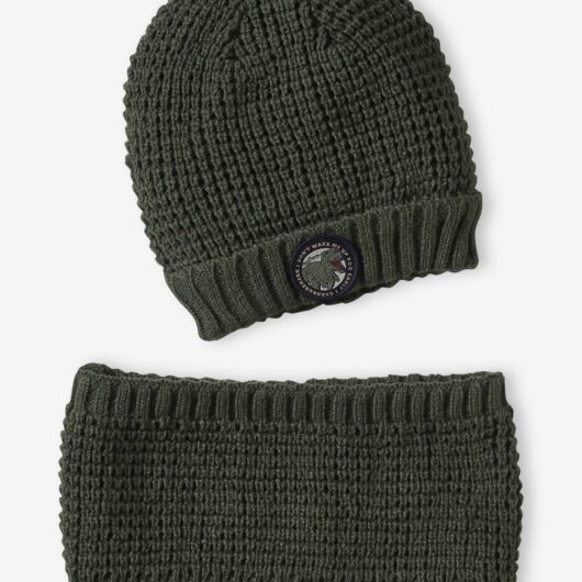 Beanie with Dinosaur Badge + Snood Set for Boys khaki