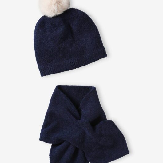Beanie with Pompom + Scarf Set in Soft Knit for Girls navy blue