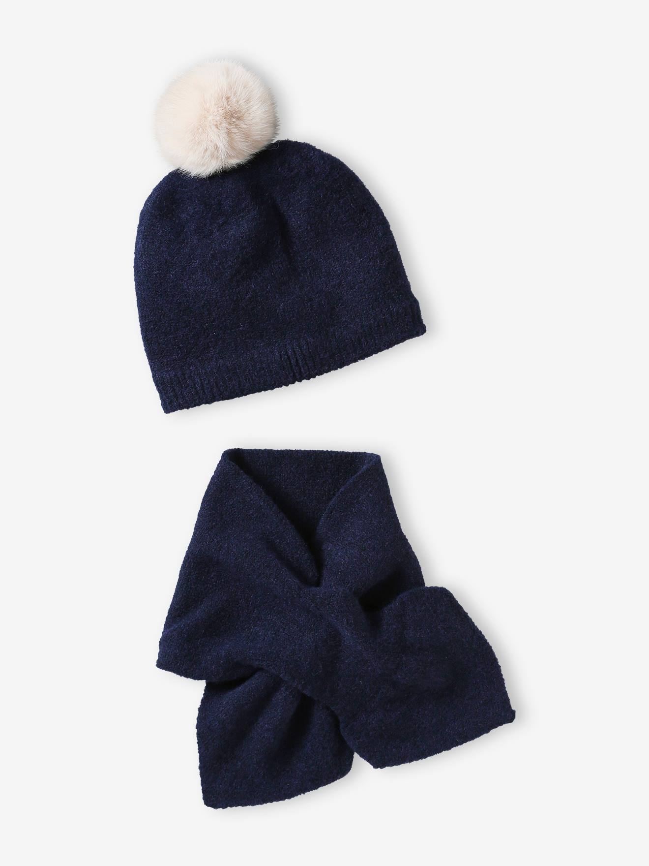 Beanie with Pompom + Scarf Set in Soft Knit for Girls navy blue