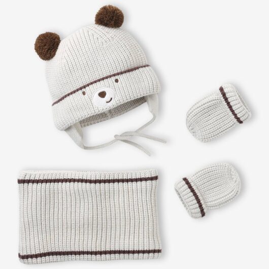 Bear Beanie, Snood & Mittens Set for Babies clay beige