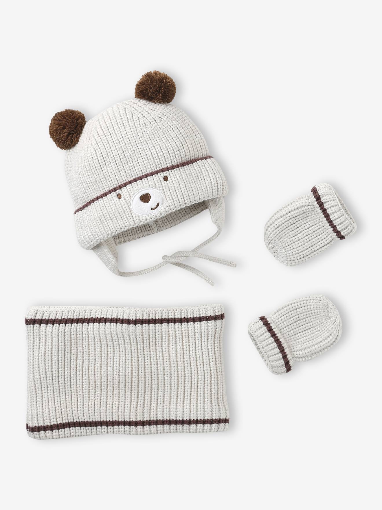 Bear Beanie, Snood & Mittens Set for Babies clay beige