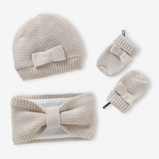 Bow Beanie + Snood + Mittens Set for Baby Girls ecru