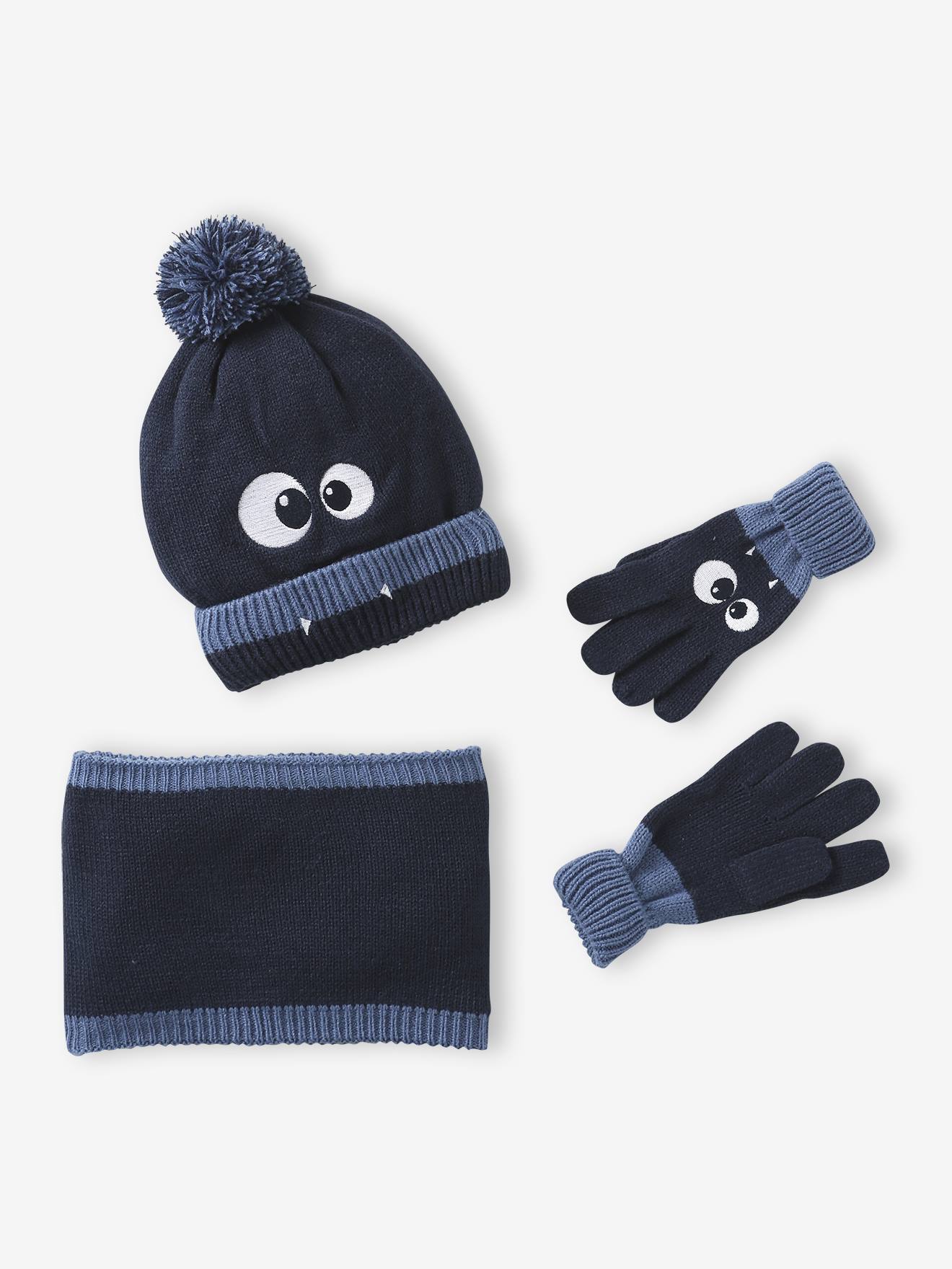 Boys' beanie + snood + mittens/gloves "Monster" set navy blue