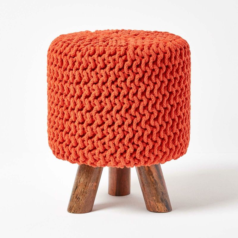 Burnt Orange Tall Cotton Knitted Footstool on Legs - Homescapes